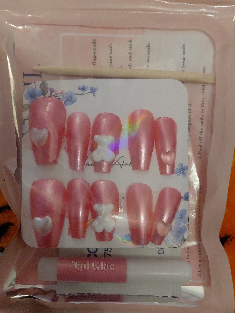 Pink Pearl Press-On Nails with 3D Heart & Bow Accents